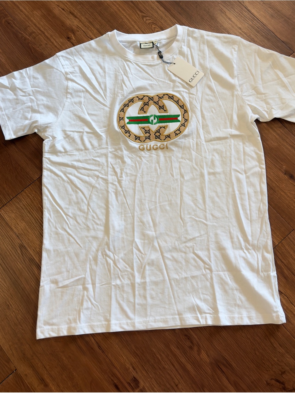 Gucci White Short-Sleeve Logo Tee with Green and Red Stripe